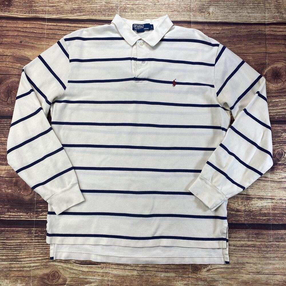 Ralph Lauren Long Sleeve Two Button Polo Pullover Navy Striped Cream Color Sz L